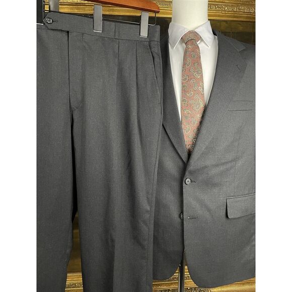 Hardy Amies 42R 36 x 30 2 Piece Gray Super 100s Wool 2 Button Suit Pleated Pants